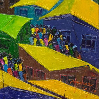 „Friedliche Koexistenz“. - Farbenfrohe Stadtlandschaftsmalerei in Acryl auf Leinwand