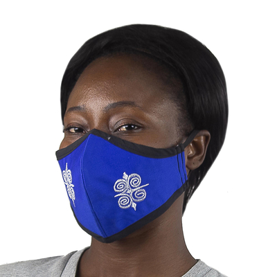 Cotton face mask, 'Dwennimmen in Royal and White' - Royal Blue Embroidered Cotton Reusable Face Mask