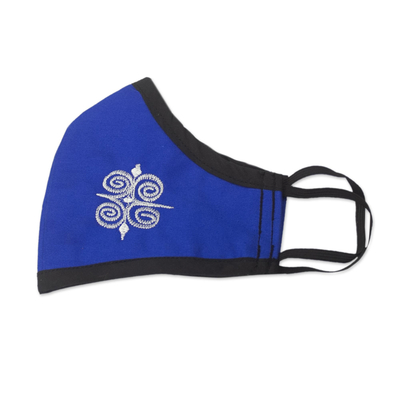 Cotton face mask, 'Dwennimmen in Royal and White' - Royal Blue Embroidered Cotton Reusable Face Mask