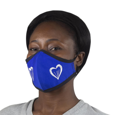 Cotton face mask, 'Take Heart' - Embroidered Blue and White 2-Layer Face Mask