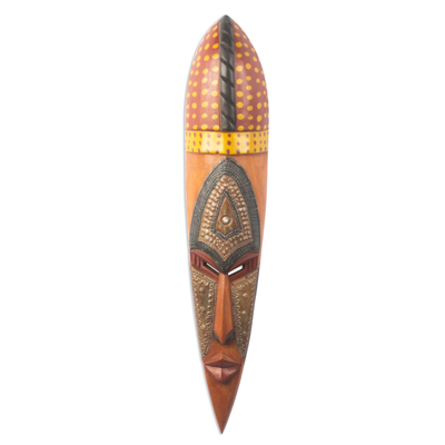 African wood mask, 'God is With Me' - Long African Wood and Aluminum Mask