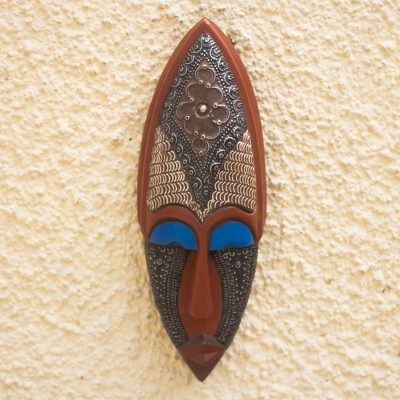 African wood and aluminum mask, 'Subtle Beauty' - Handmade African Wood and Metal Mask