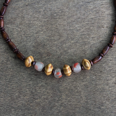 Wood beaded necklace, 'Woodlands' - Unisex Sese Wood and Recycled Glass Bead Necklace