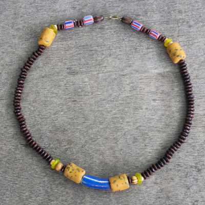 Wood and recycled glass beaded necklace, 'Faithfully' - Sese Wood and Recycled Glass Bead Unisex Necklace
