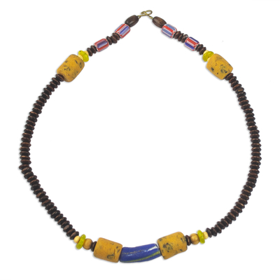 Sese Wood and Recycled Glass Bead Unisex Necklace