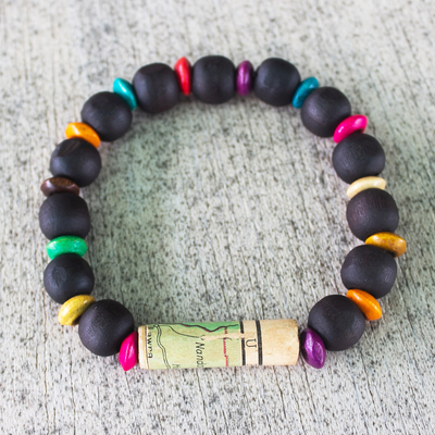 Wooden beaded stretch bracelet, 'Seize the Day' - Unisex Sese Wood Bracelet with Recycled World Map Bead