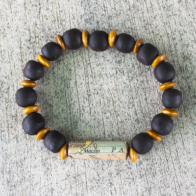 Wood beaded stretch bracelet, '180 Days' - Unisex Sese Wood Bracelet with Recycled World Map Bead