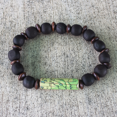 Sese wood and recycled paper beaded stretch bracelet, 'World Traveler' - Sese Wood and Recycled Paper Bead Unisex Bracelet