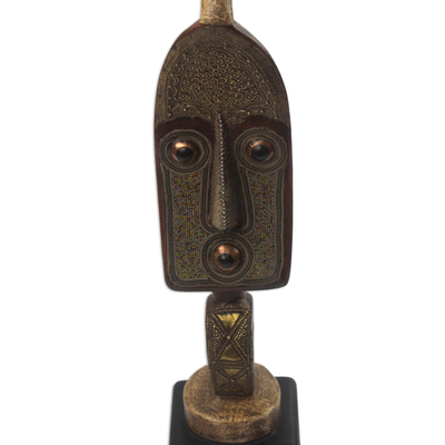 Wood sculpture, 'Bakota' - Hand Crafted Sese Wood and Glass Beaded Sculpture