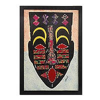 Cotton batik collage, 'Sankofa Mask' - Sankofa Adinkra Framed Cotton Batik Mask Collage