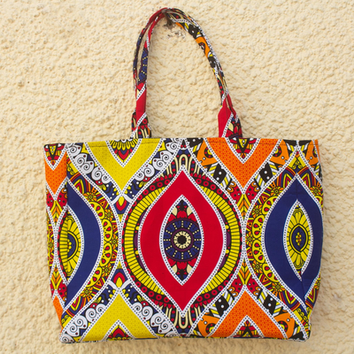 Cotton tote bag, 'Primary Flowers' - Ghanaian Primary Colored Cotton Tote Bag