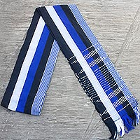 Cotton kente cloth scarf, 'Textured Blue' - Handmade Striped Cotton Kente Cloth Scarf from Ghana