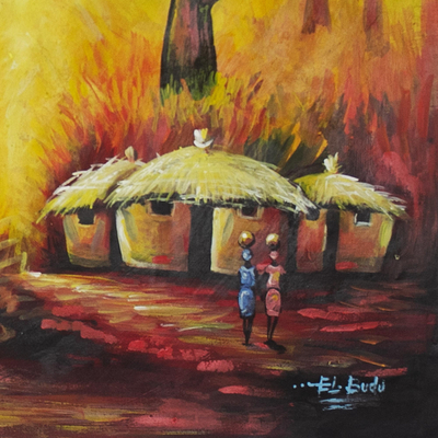 'Something Special' - Warm Colors African Village Scene Painting