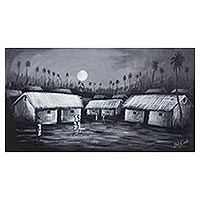 'My Home Village' - Monochrome Painting of Ghanaian Village