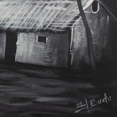 'My Home Village' - Pintura monocromática de un pueblo de Ghana