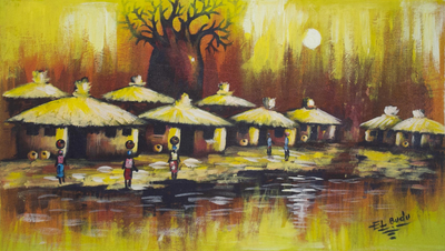 'Sunset Vintage II' - Village Scene Painting in Acrylics on Canvas