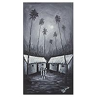 'Village Escape III' - Black and White Ghana Village Painting