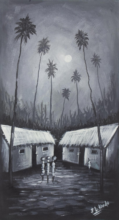 Black and White Ghana Village Painting