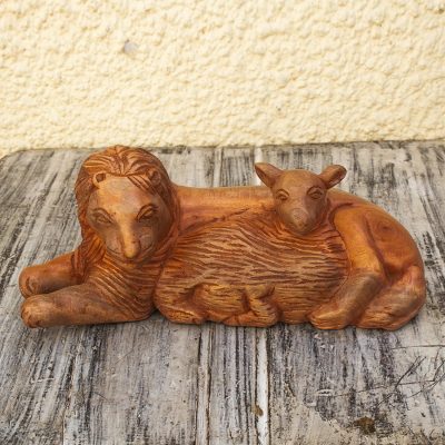 Mahogany wood sculpture, 'Paradeso' - Hand Carved Mahogany Wood Lion and Lamb Sculpture