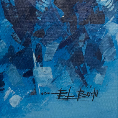 'Versammlung in Blau' - Abstrakte blaue Malerei aus Ghana