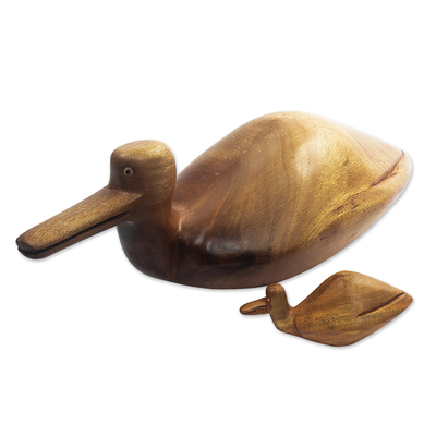 Wood statuettes, 'Duck and Duckling' - Hand Carved Mahogany Mother and Baby Duck Statuettes