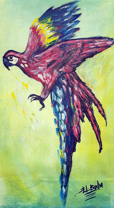 'Colorful Bird in Space' - Pintura de loros en acrílicos sobre lienzo.
