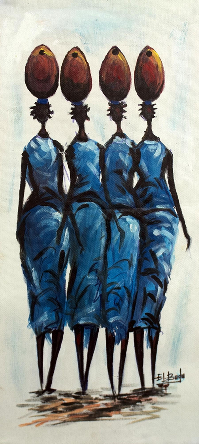 'African Women in Blue' - Original Painting of West African Women