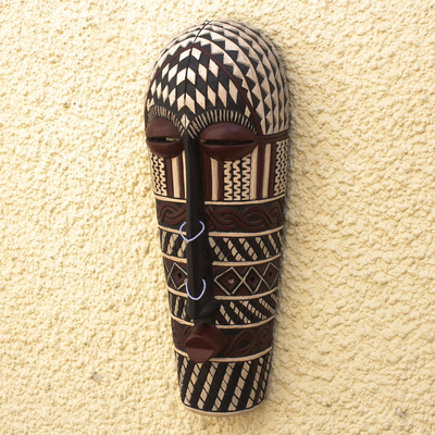 African wood mask, 'Songye II' - Sese Wood and Recycled Glass Beaded Mask