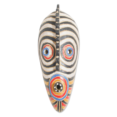 African wood mask, 'Dinpa' - Hand Painted Oblong Sese Wood Mask from Ghana