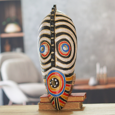 African wood mask, 'Dinpa' - Hand Painted Oblong Sese Wood Mask from Ghana