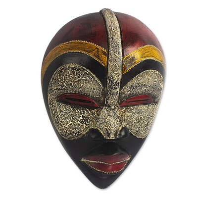 African wood mask, 'Fuma Warrior' - Hand Painted Sese Wood Warrior Mask from Ghana