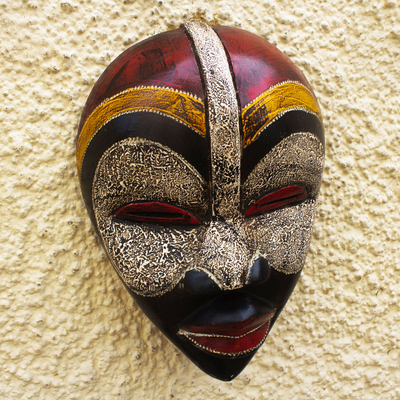 African wood mask, 'Fuma Warrior' - Hand Painted Sese Wood Warrior Mask from Ghana