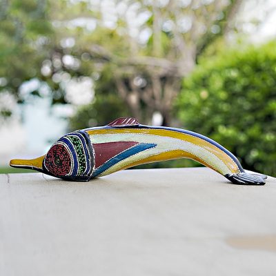 Wood statuette, 'Rainbow Dolphin' - Sese Wood and Recycled Glass Bead Dolphin Statuette