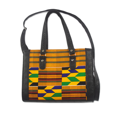 Hand Made Cotton and Leather Kente Cloth Handbag from Africa