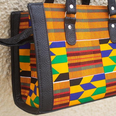 Cotton shoulder bag, 'Color Fusion' - Hand Made Cotton and Leather Kente Cloth Handbag from Africa