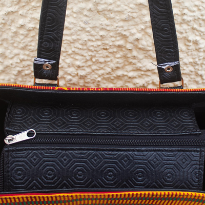 Cotton shoulder bag, 'Color Fusion' - Hand Made Cotton and Leather Kente Cloth Handbag from Africa