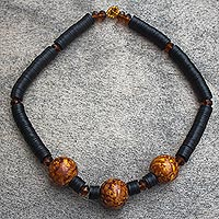 Wood beaded necklace, 'Akutu' - Hand Made Sese Wood and Recycled Glass Beaded Necklace