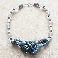 Recycled glass bead necklace, 'Evening' - Grey Triple Strand Recycled Glass Bead Necklace