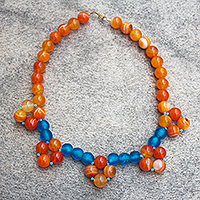 Agate and recycled glass bead necklace, 'Joyful' - Orange and Blue Agate and Recycled Glass Bead Necklace