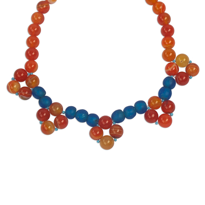 Collar de ágata y cuentas de vidrio reciclado - Collar de Ágata Naranja y Azul y Cuentas de Vidrio Reciclado