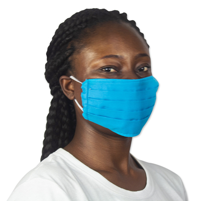 Cotton face mask, 'Royal Dream' - Pleated Blue Cotton Face Mask from Africa