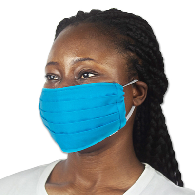 Cotton face mask, 'Royal Dream' - Pleated Blue Cotton Face Mask from Africa