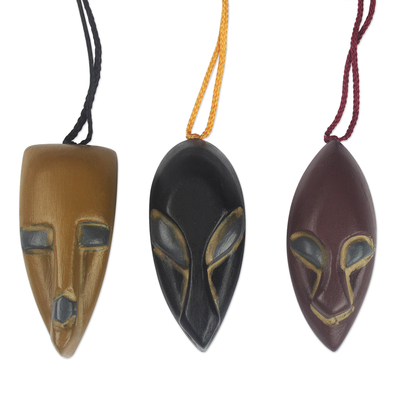 Wood ornaments, 'Ancestral Faces' (set of 3) - Hand Made Ofram Wood Holiday Ornaments (Set of 3)