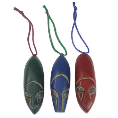 Wood ornaments, 'Ashanti Mask' (set of 3) - Hand Carved Ofram Wood Holiday Ornaments (Set of 3)