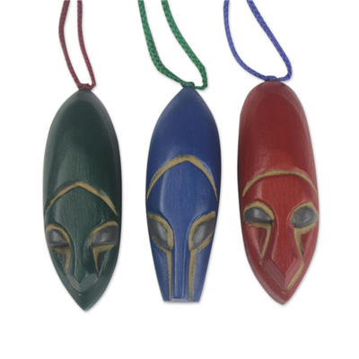 Wood ornaments, 'Ashanti Mask' (set of 3) - Hand Carved Ofram Wood Holiday Ornaments (Set of 3)