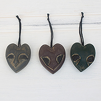 Wood ornaments, 'Heart Mask' (set of 3)