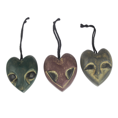 Wood ornaments, 'Heart Mask' (set of 3) - Handmade Ofram Wood Holiday Ornaments (Set of 3)