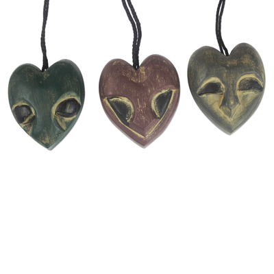 Wood ornaments, 'Heart Mask' (set of 3) - Handmade Ofram Wood Holiday Ornaments (Set of 3)