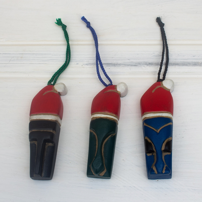 Wood ornaments, 'Santa Mask' (set of 3) - Hand Carved Ofram Wood Holiday Ornaments (Set of 3)