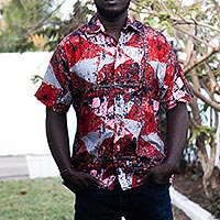 Camisa de algodón para hombre, 'Orange Splash' - Camisa de manga corta de algodón estampada para hombre de Ghana